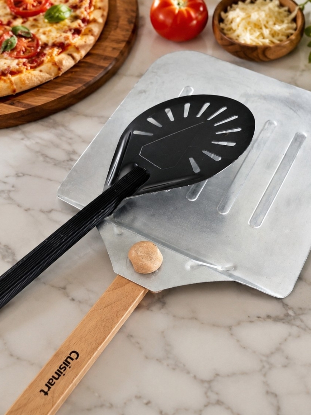 Cuisinart Black Pizza Paddle and Wooden-Handle Aluminum Peel Set